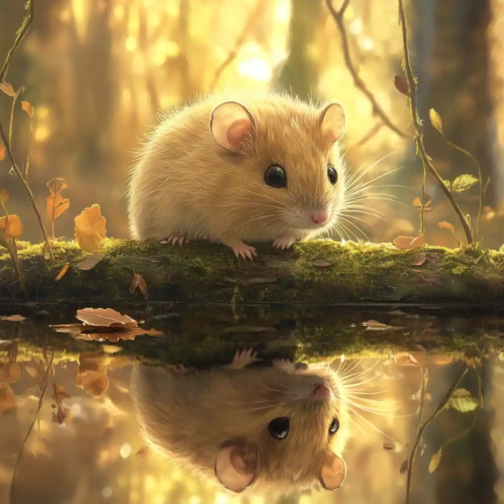 Cute brown rat resting on a mossy log above water