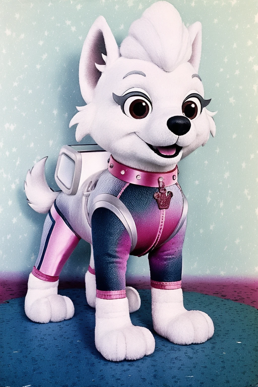 Dog mascot princess posing at a fantasy castle entrance