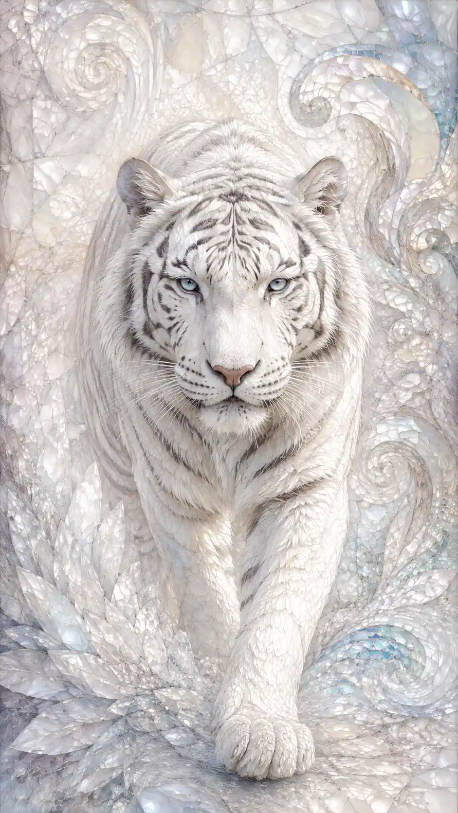White tiger illustration with flowing abstract crystal patterns