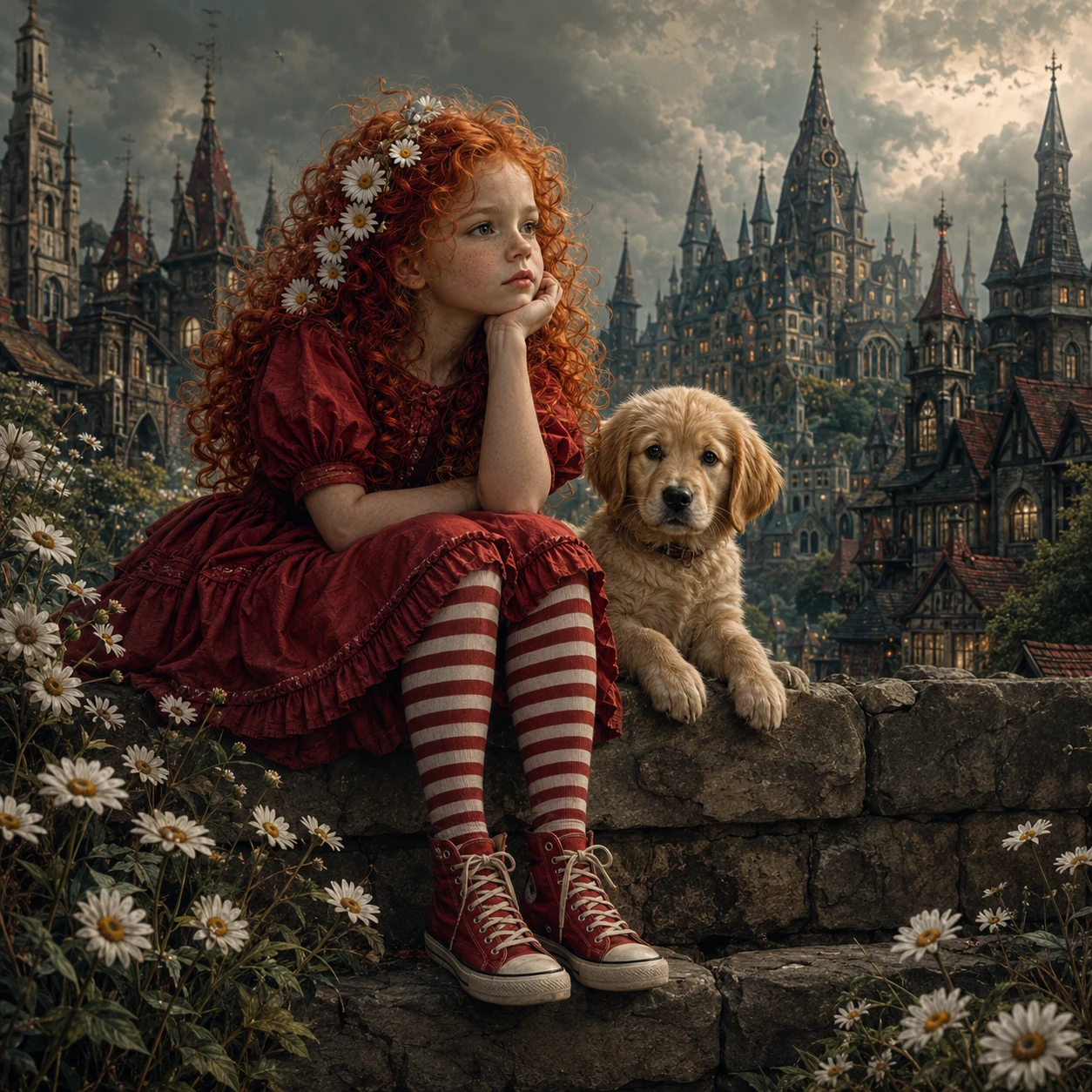 Red haired girl and puppy in a dreamy gothic village