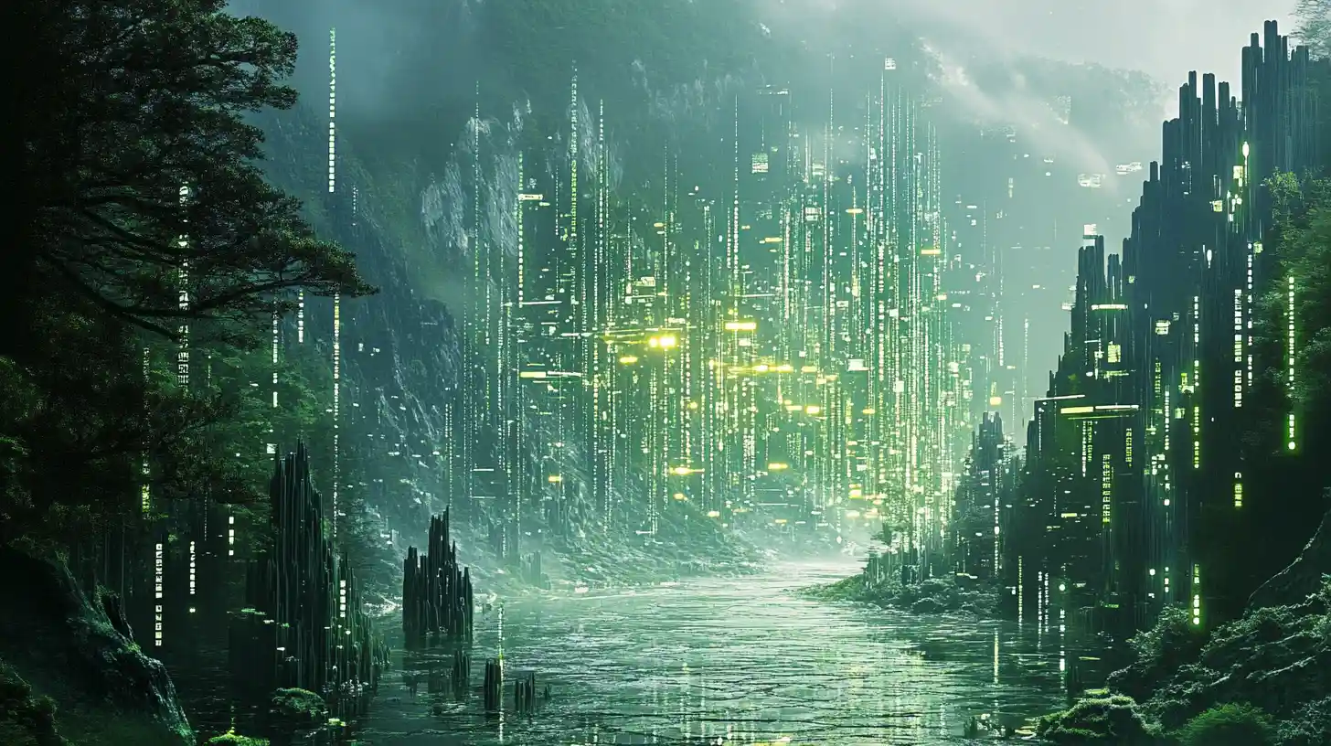 Abstract data transforms into a surreal digital landscape