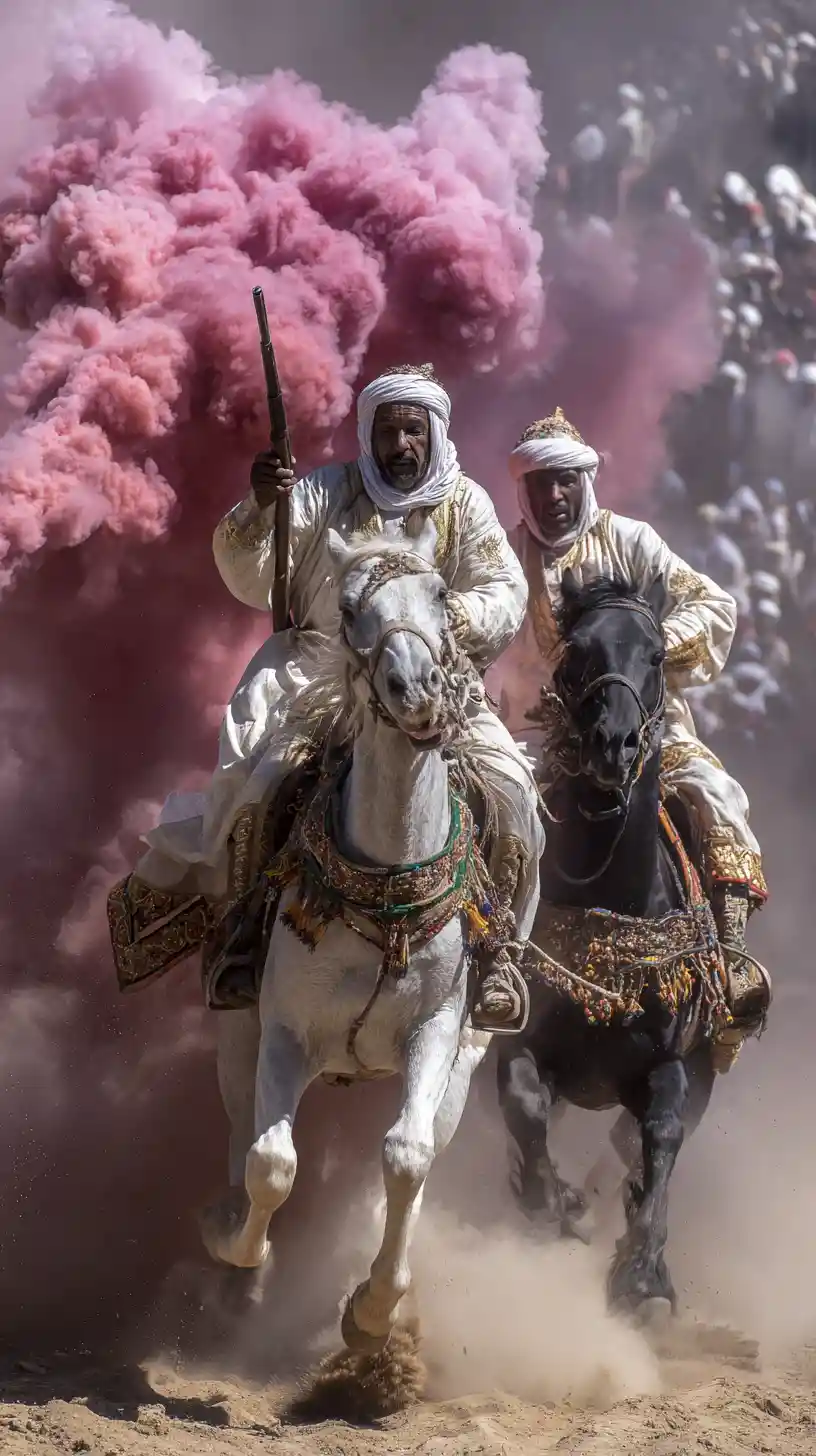 Berber horsemen charging in a smoky Moroccan fantasia performance