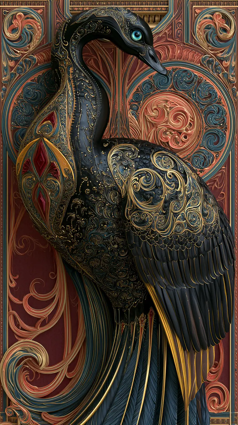 Cisne negro en lujoso estilo art nouveau dorado 3D