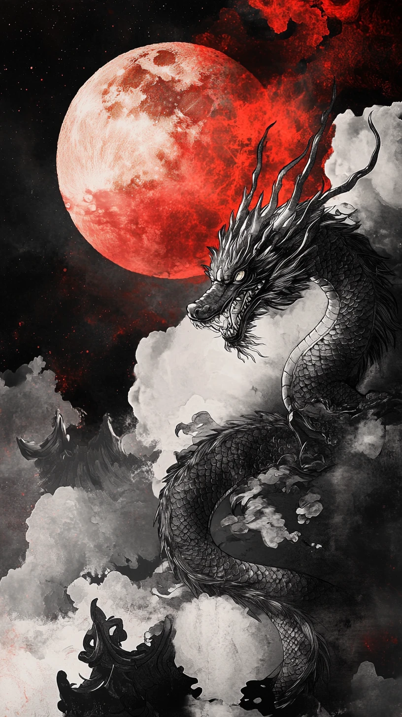 Asian dragon swirling through a cloudy moonlit night sky