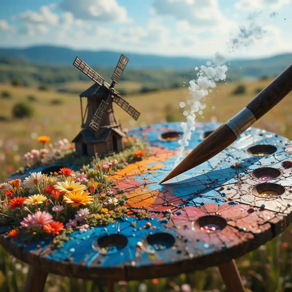 Close up fantasy palette revealing tiny landscape world