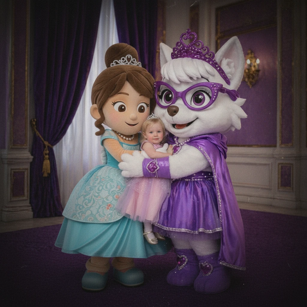 Two mascot princesses hugging a young human princess