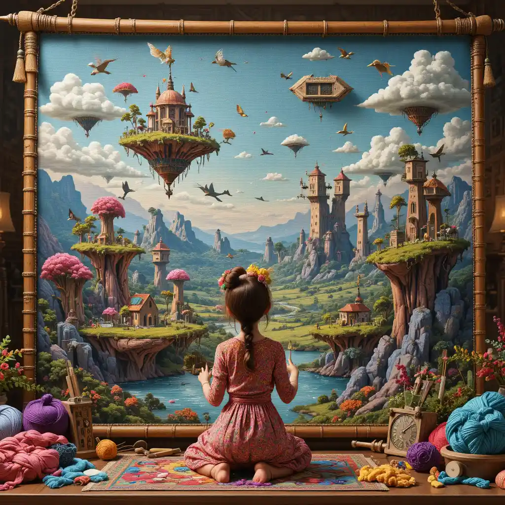Woman stitching a surreal floating island tapestry by hand