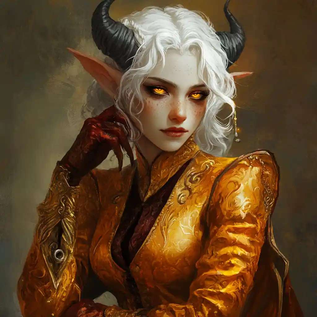 Alluring tiefling enchantress with white hair and silk robes