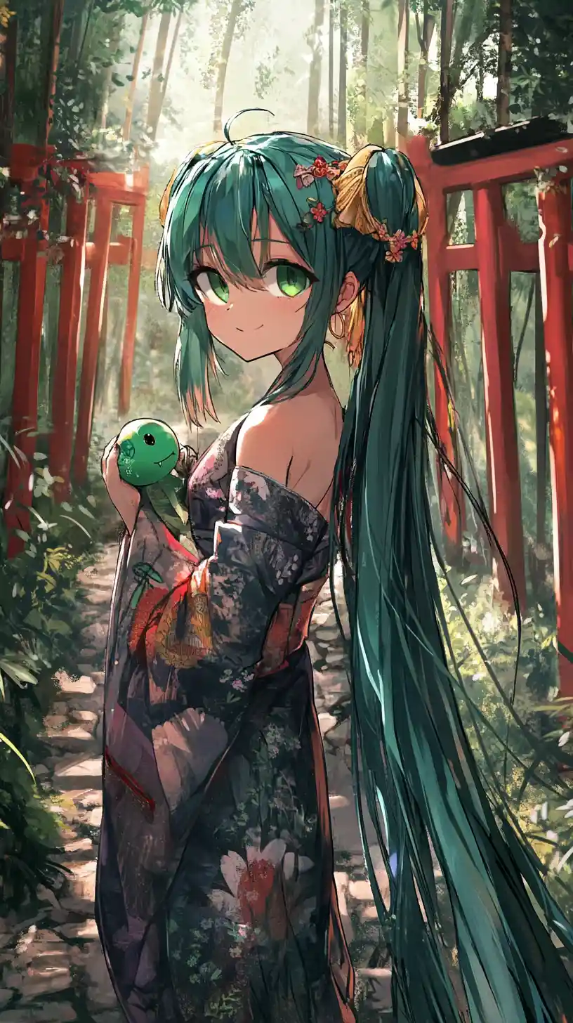 Dragon horn anime girl in a bamboo forest shrine
