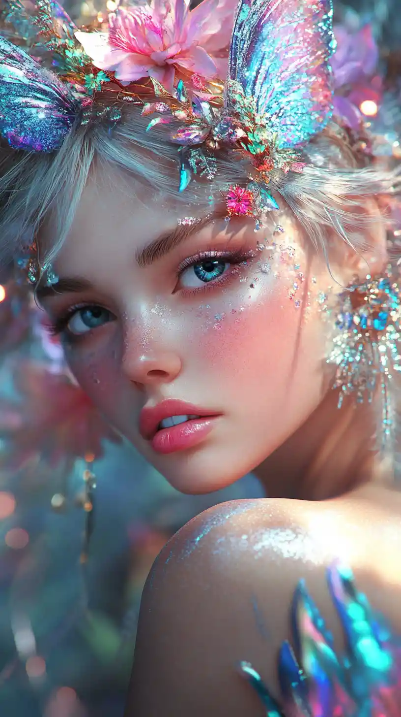Close up holographic portrait of a luminous feminine figure