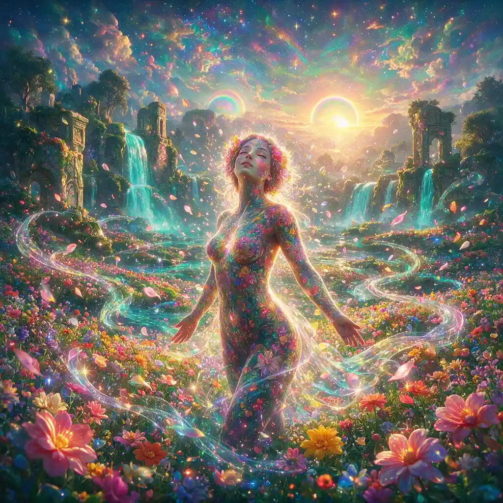 Surreal psychedelic goddess with glowing floral skin
