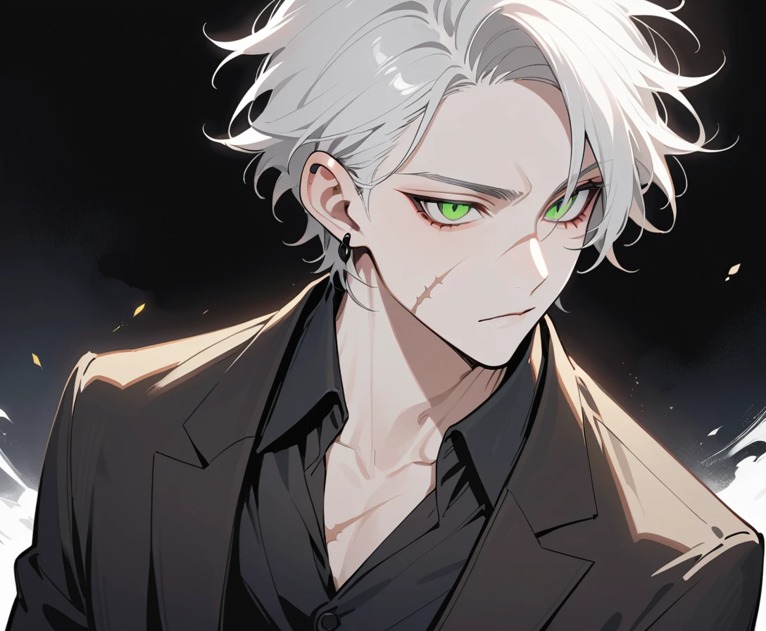 White haired man in a black suit with neck scar