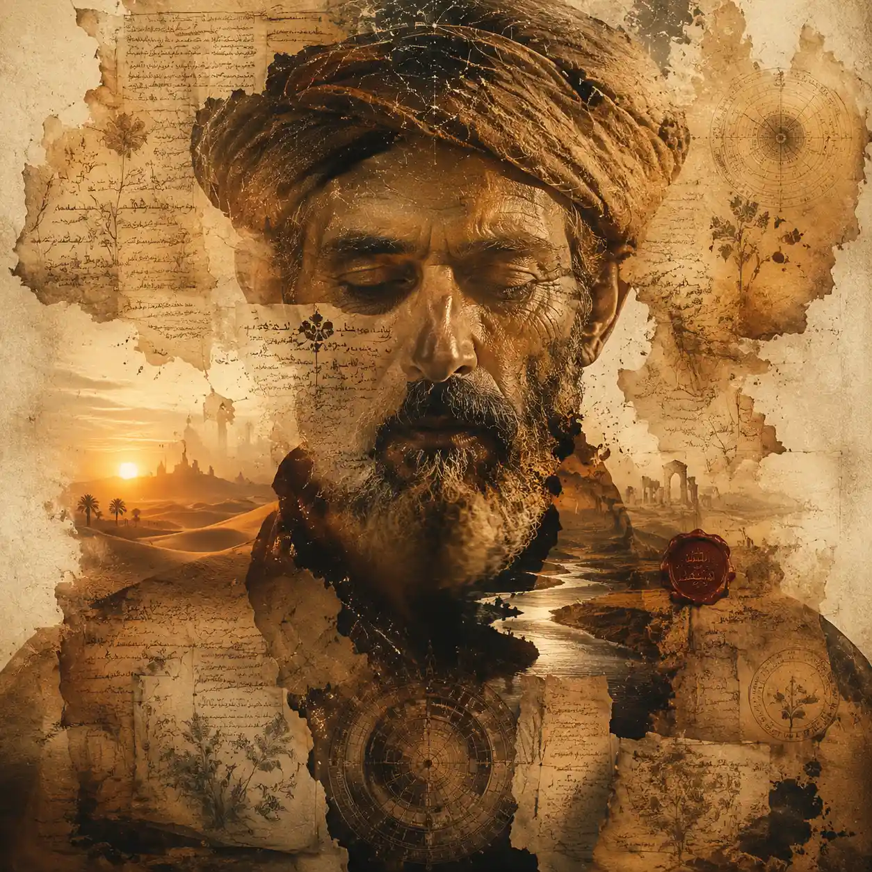 Mystical Double Exposure Portrait Of An Ancient Scholar Silhouette