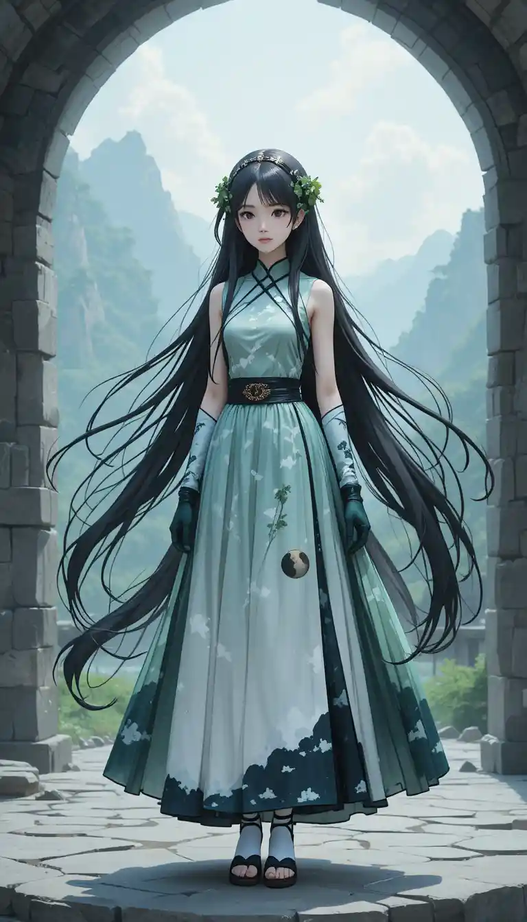 Anime girl in green shirt and moonlit white skirt