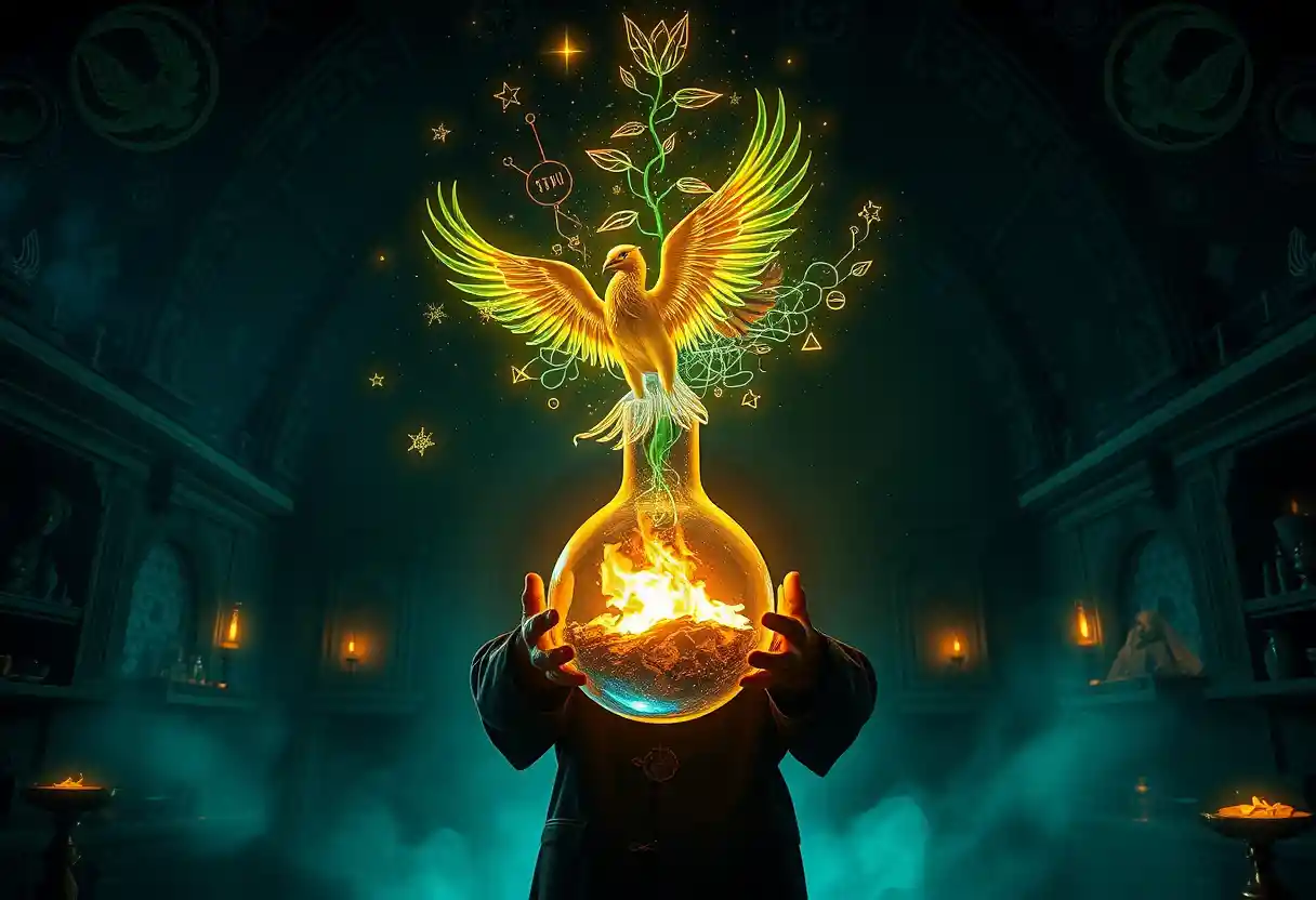 Visionary alchemist holding a glowing cosmic flask at night
