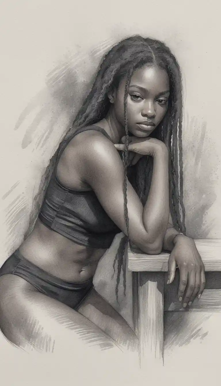 Graphite drawing of a woman resting in three quarter pose