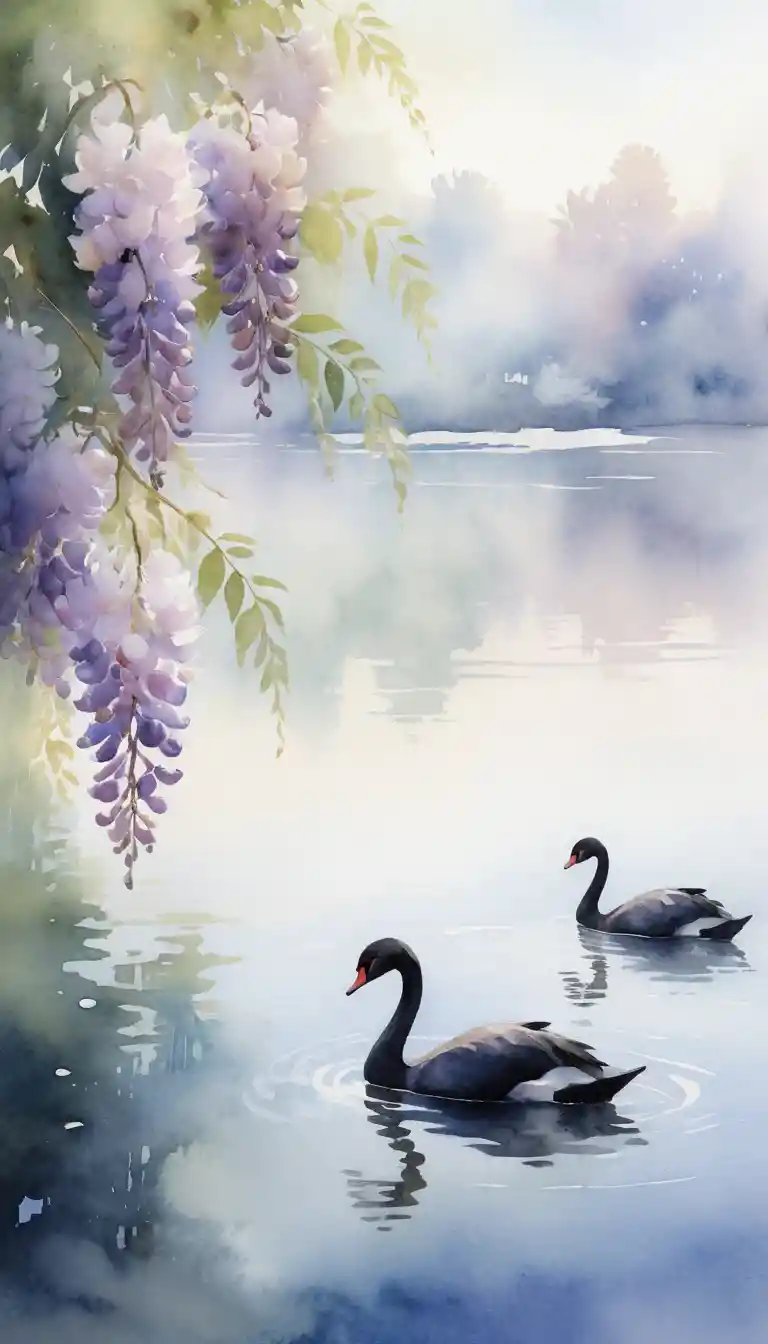 Impressionist kitten by a lakeside watching distant swans