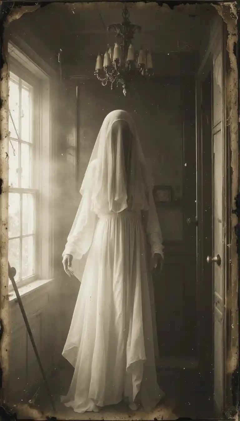 Vintage ghostly figure in a decaying victorian interior
