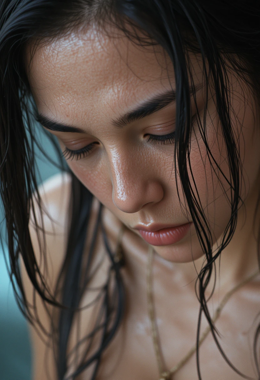 Sweaty exhausted woman in extreme close up portrait