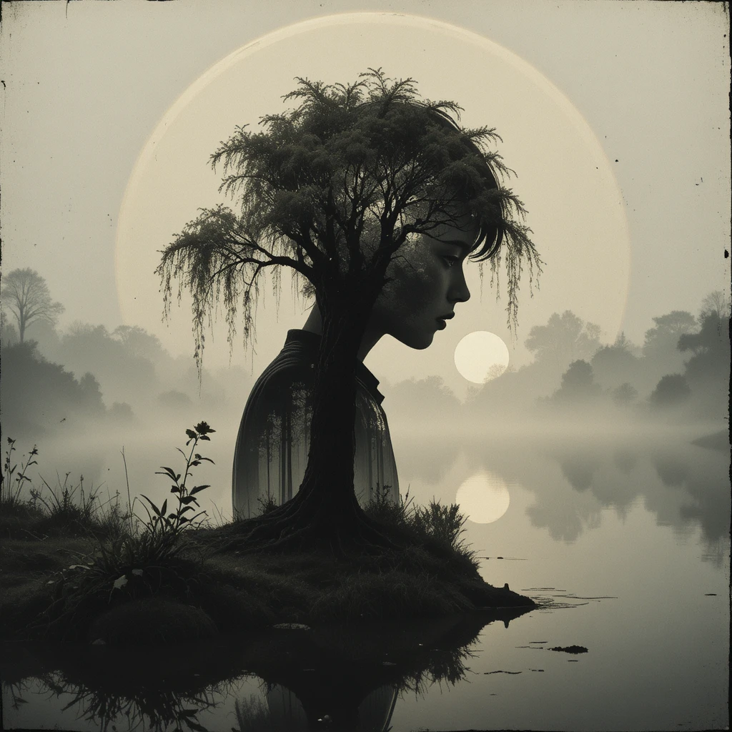 Ink wash double exposure portrait of a boy and willow