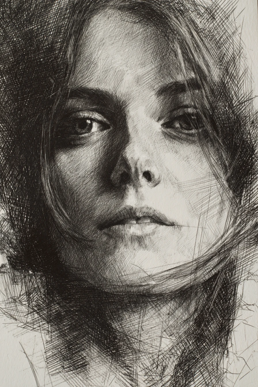 Melancholic pencil portrait in dramatic chiaroscuro close up
