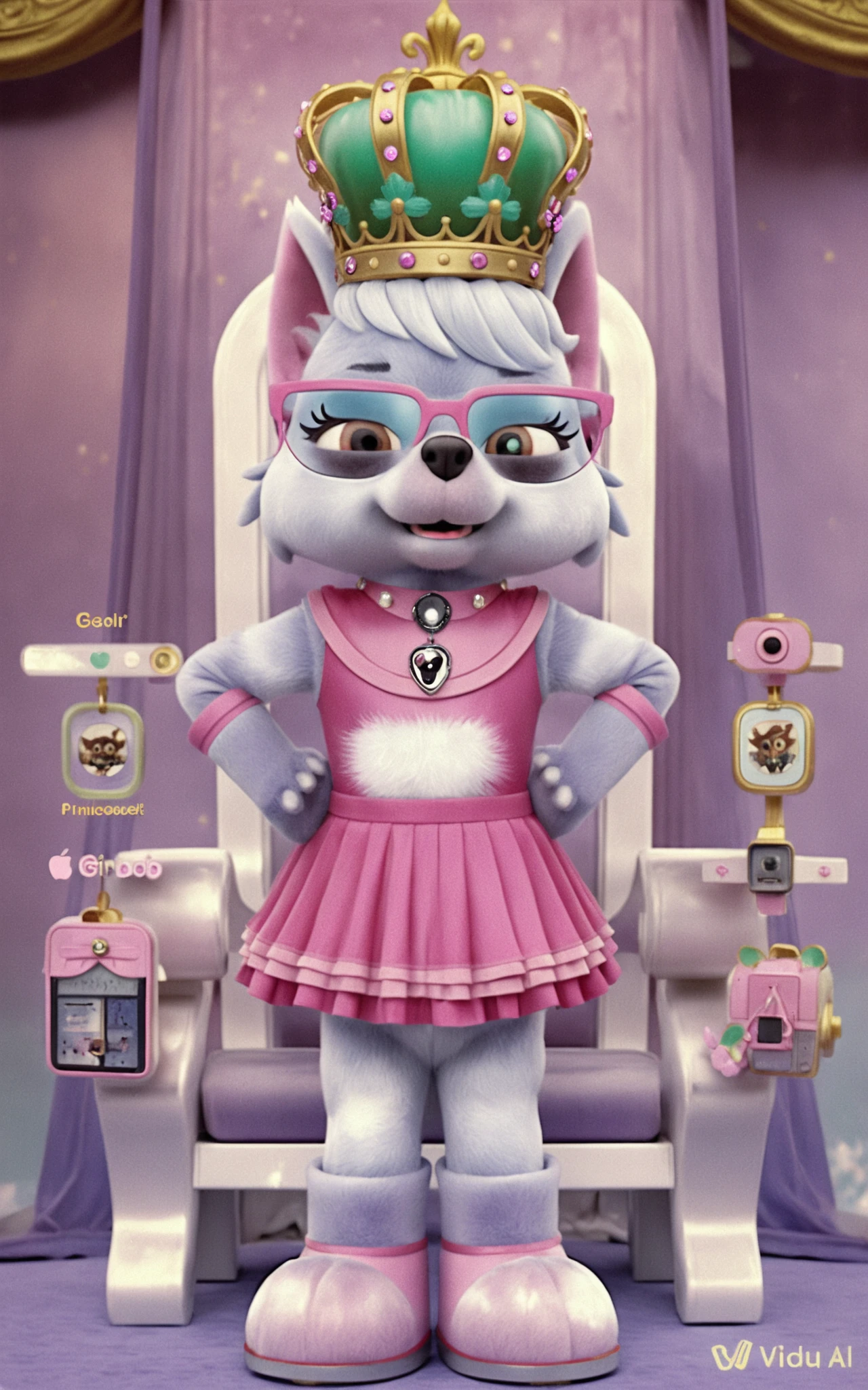 Dog mascot princess standing in a fantasy city castle
