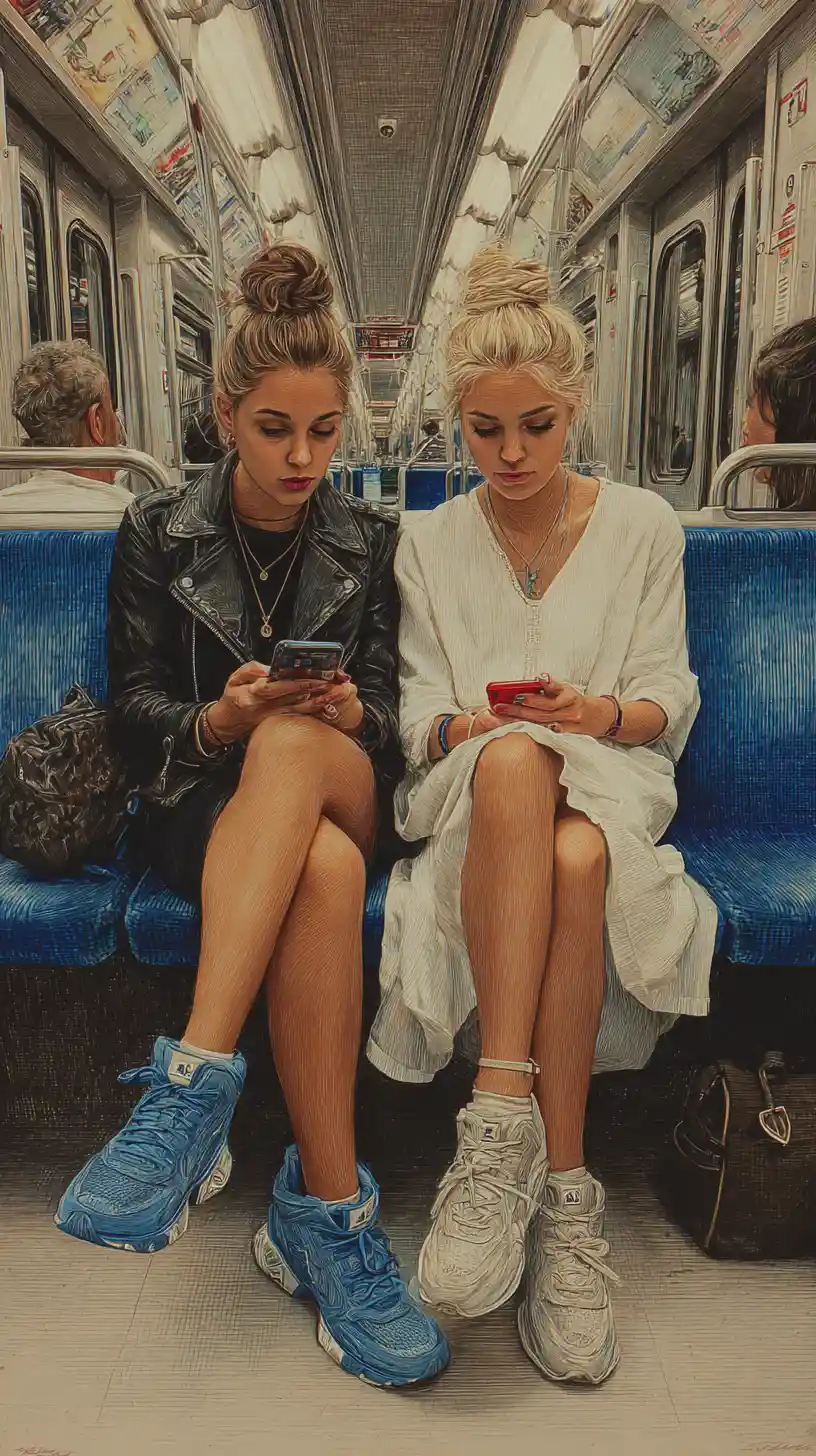 Two young women absorbed in their phones on subway seats
