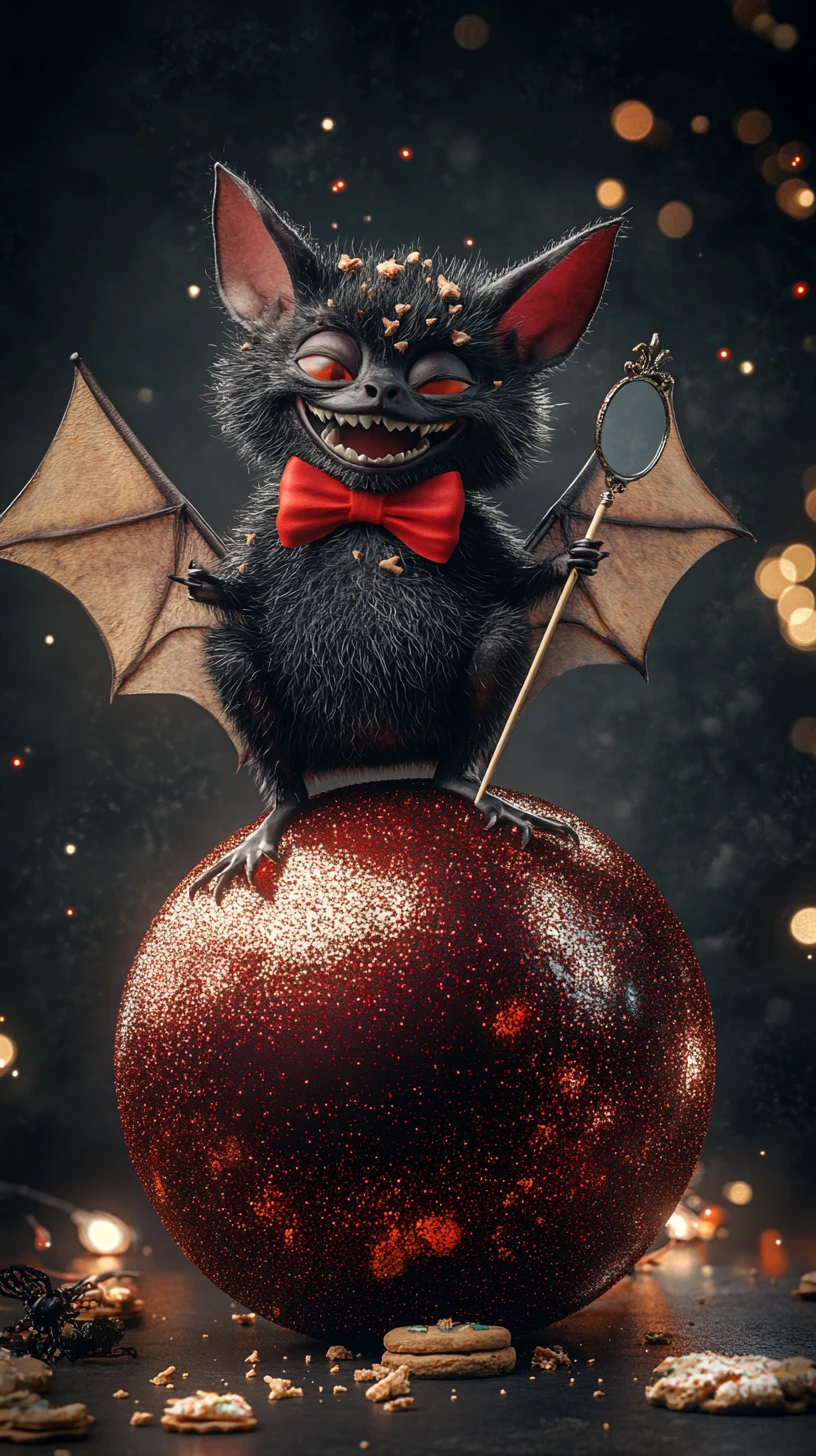 Cute fluffy bat balancing on a sparkling red ball