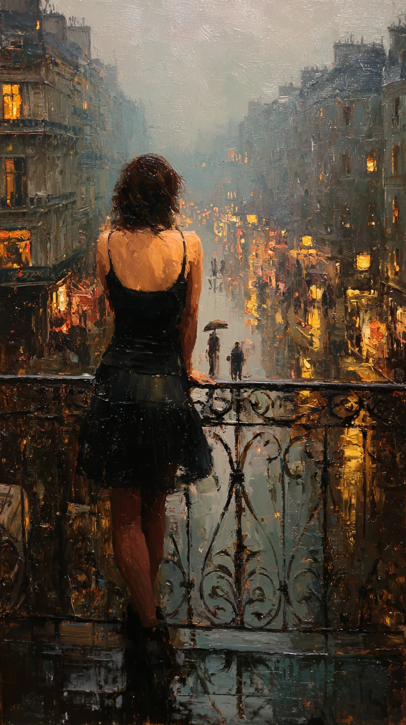 Woman on balcony overlooking rainy european city street