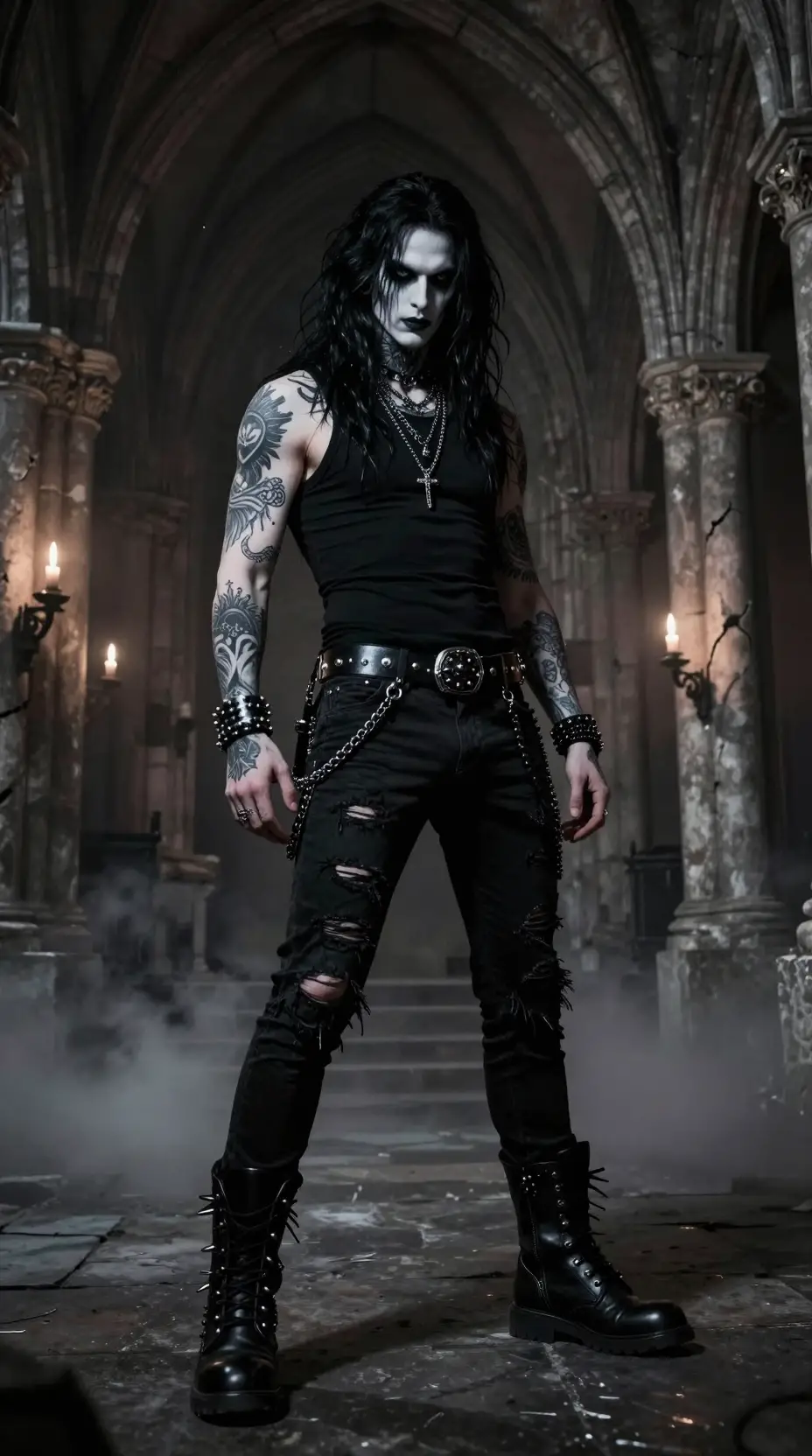 Gothic rock musician in a ruined stone cathedral