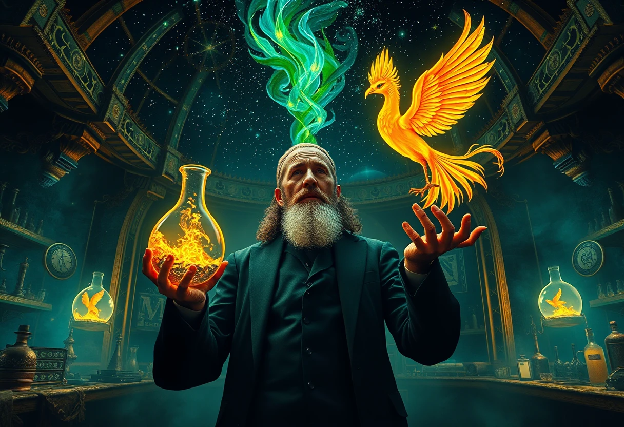 Visionary alchemist holding a glowing cosmic flask at night