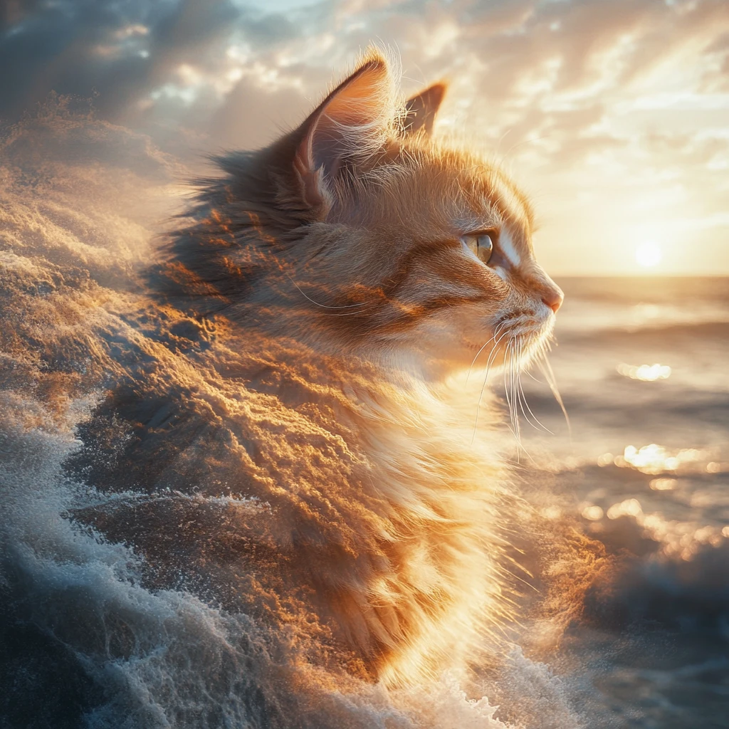 Ginger cat double exposure with glowing sunset beach waves