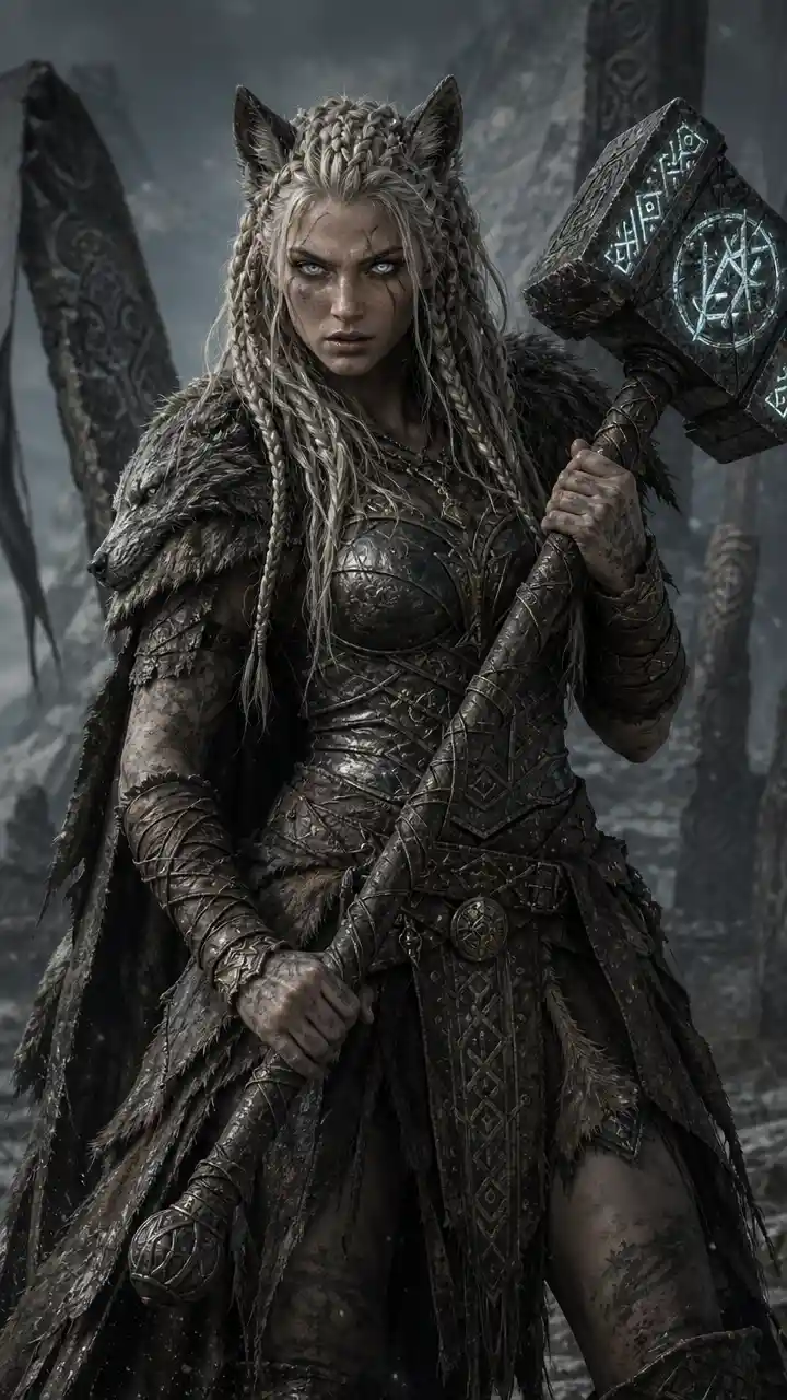 Wolf themed warrior woman with glowing rune warhammer