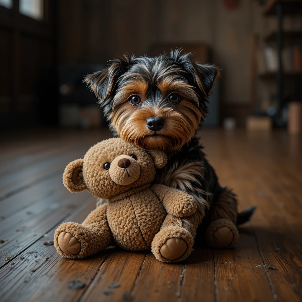 Small terrier holding teddy bear on warm wooden studio floor