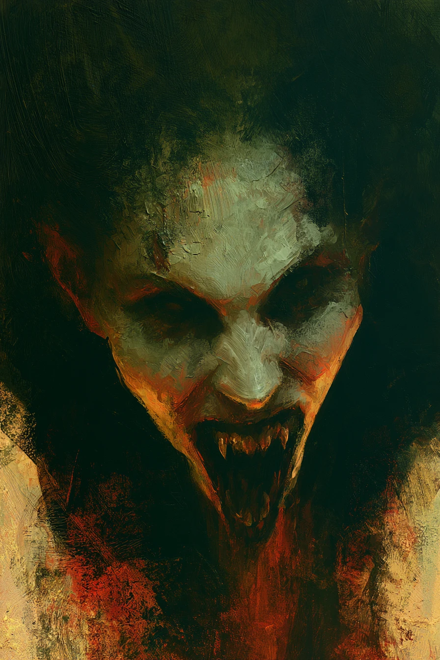 Surreal female demon with fangs in dark horror painting