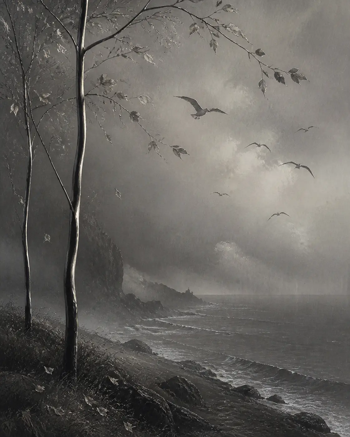 Stille Kreide-Meereslandschaft mit Stahlbäumen und fallenden Blättern