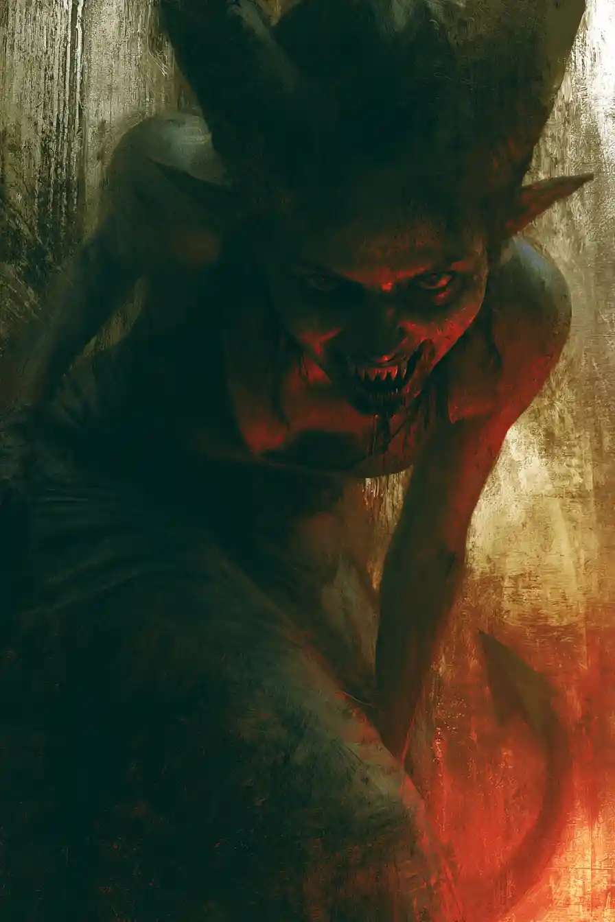 Surreal female demon in dark cinematic horror portrait