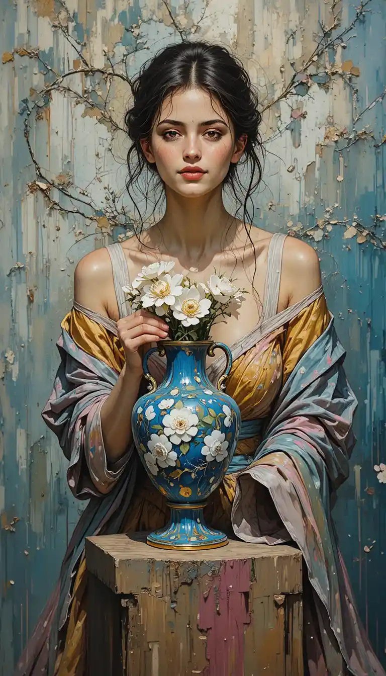 Young woman admiring porcelain vase with white flowers