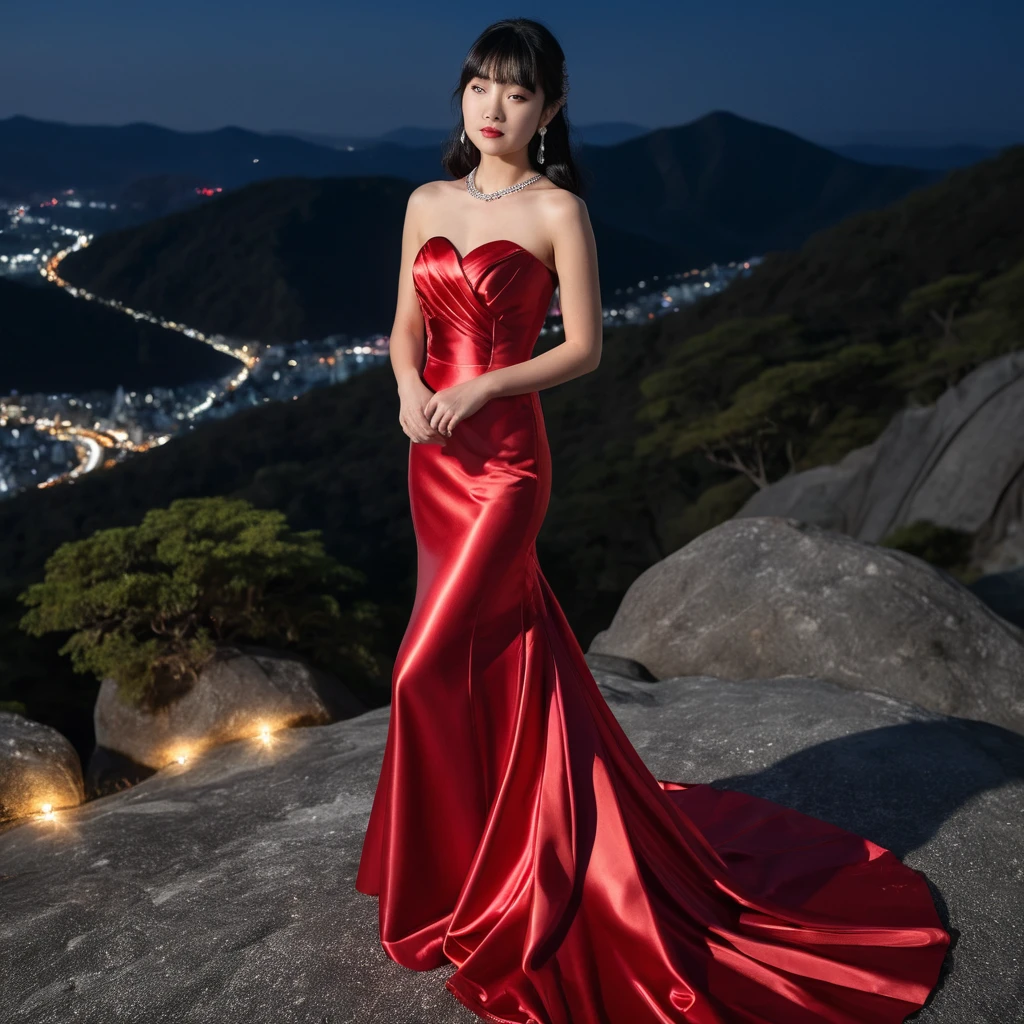 Young woman in red satin gown on mountain night
