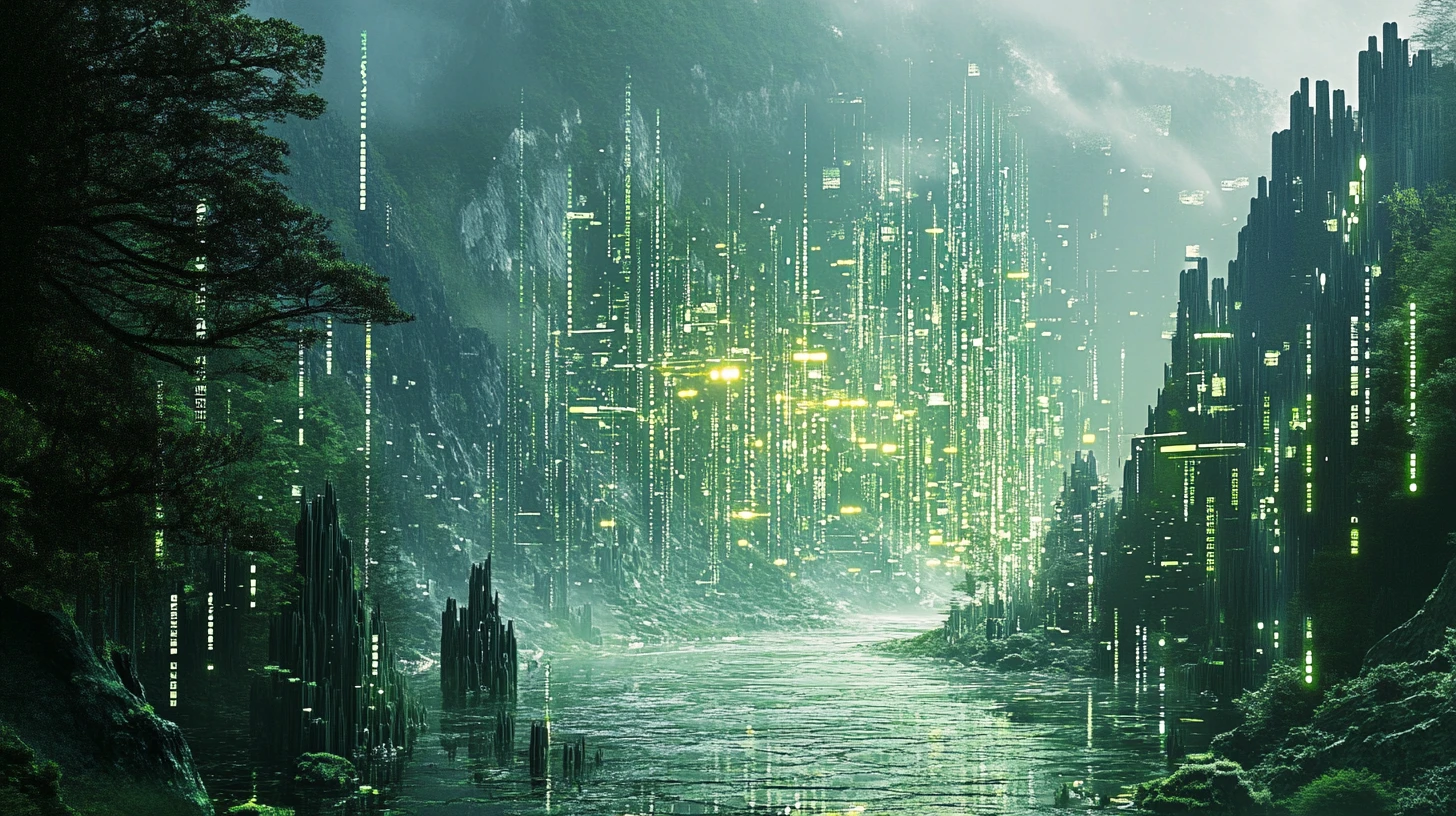 Abstract data transforms into a surreal digital landscape