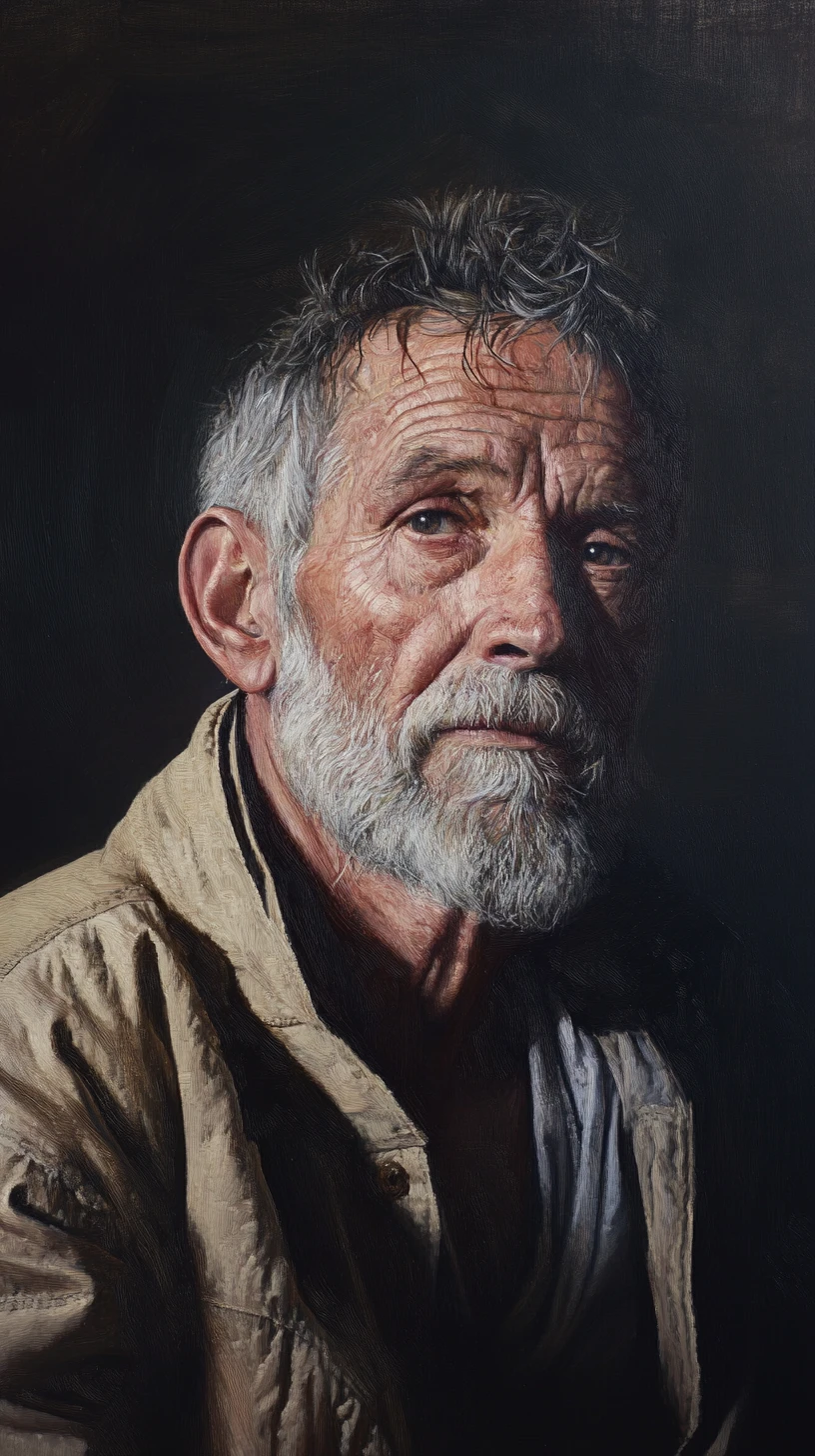 Weary old man with cigarette in dramatic painted portrait