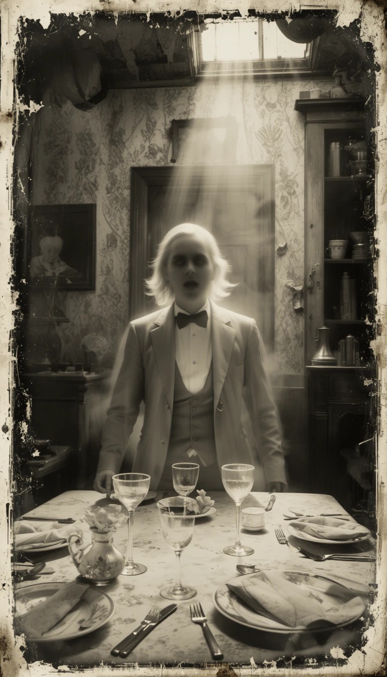 Ghostly man at a decaying victorian dining room table