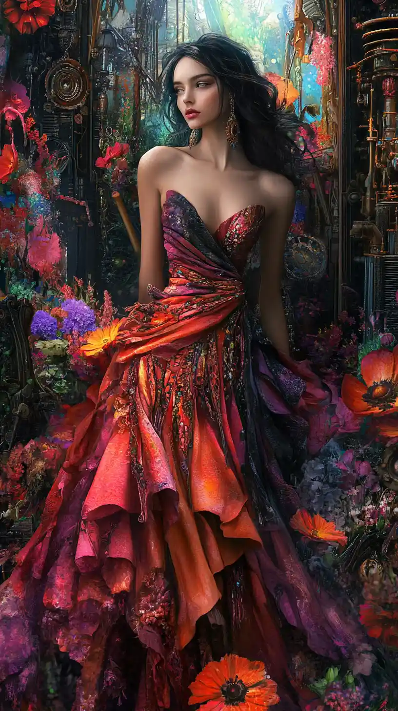 Elegant fantasy woman in a floral steampunk garden scene