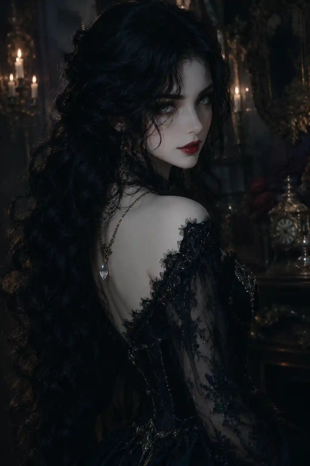 Ethereal Gothic Woman In An Ornate Dim Interior