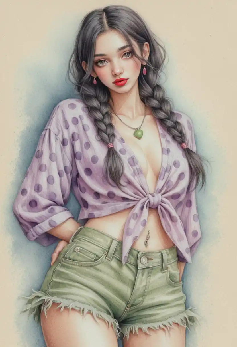 Braided girl portrait in green polka dot top and denim shorts
