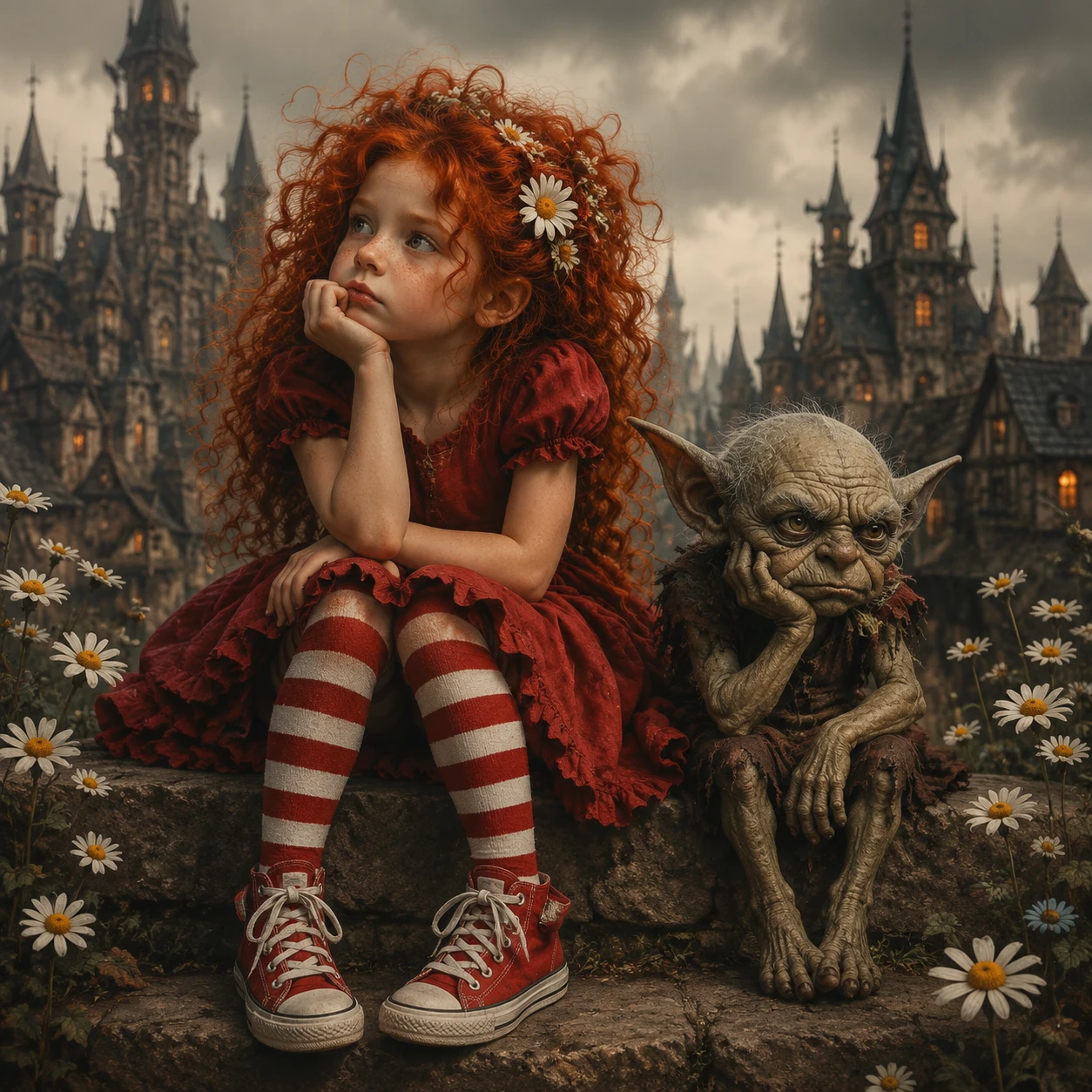 Red haired girl and goblin twin pose on stone wall