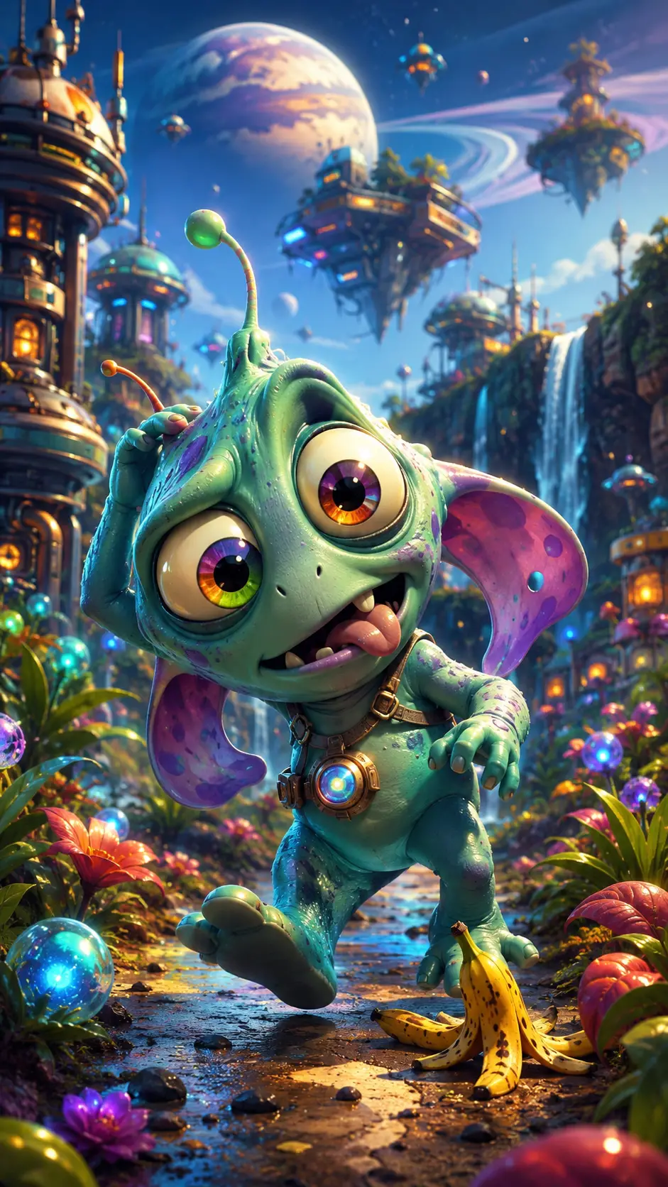 Playful alien with colorful eyes in a sci fi landscape