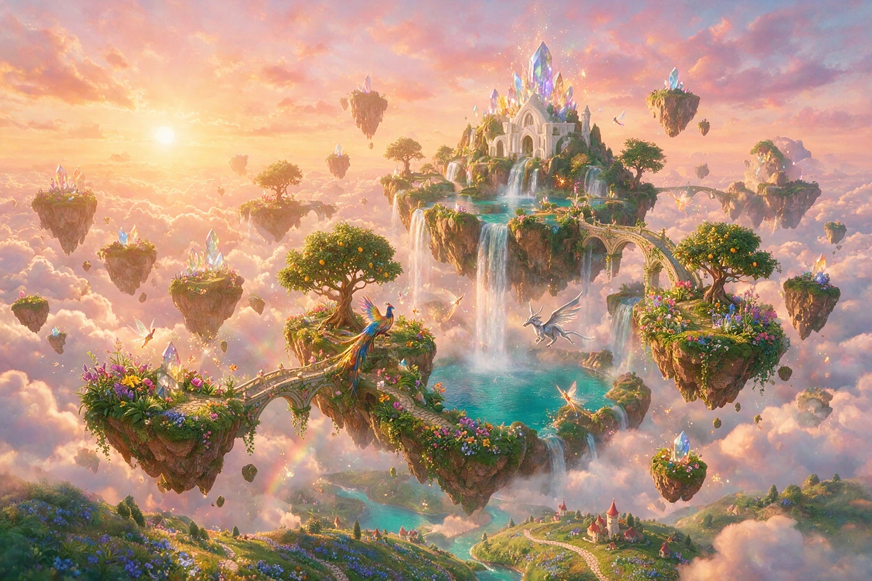 Colorful floating islands with waterfalls in a fantasy sky