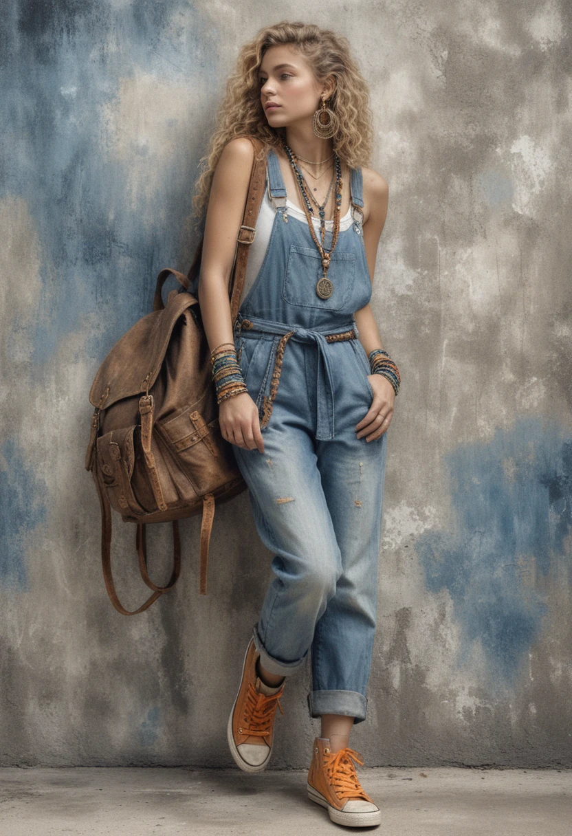 Bohemian woman in denim overalls by textured concrete wall