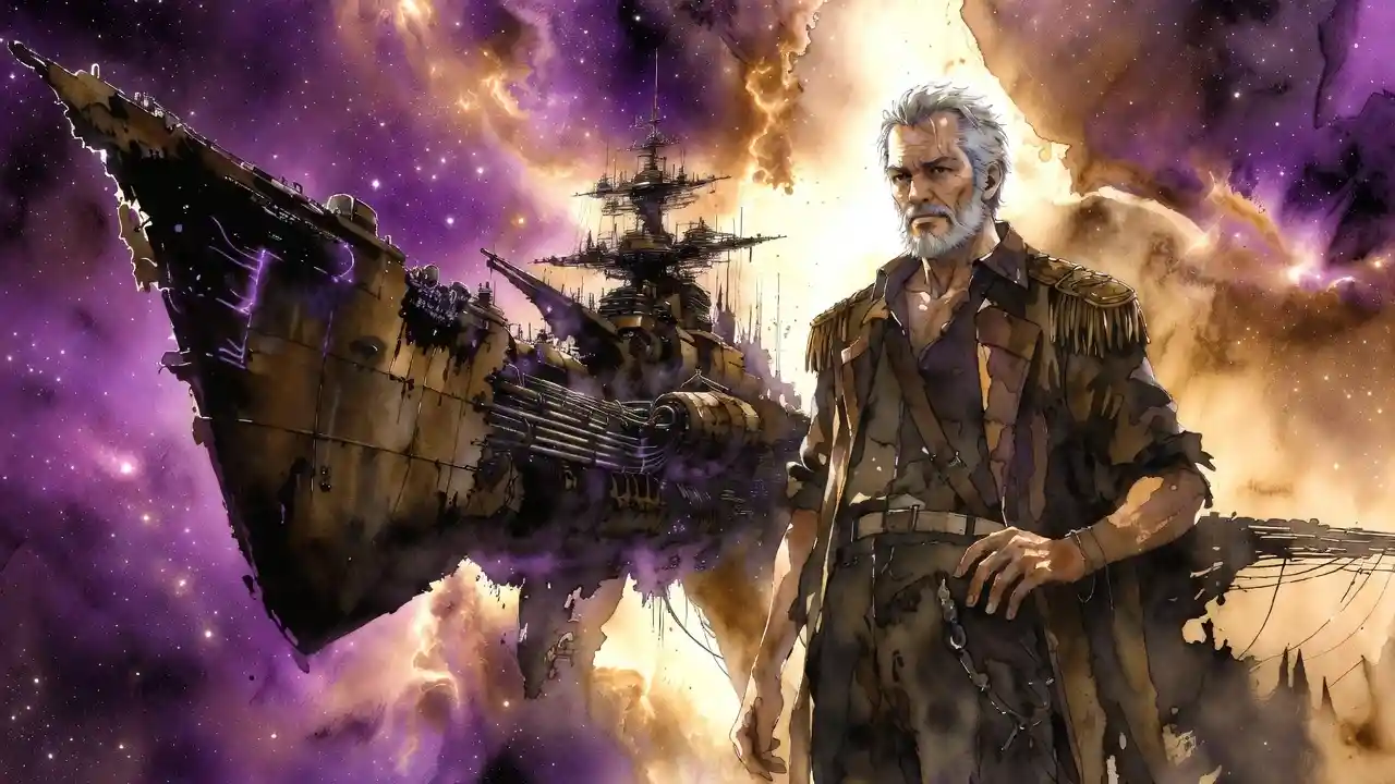 Grizzled Space Pirate Captain Before A Colossal Starship